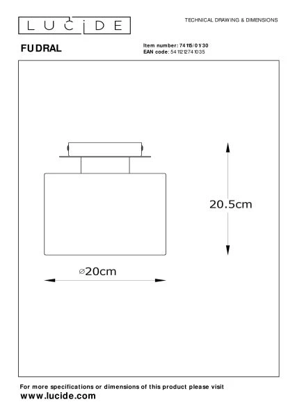 Lucide FUDRAL - Deckenleuchte - Ø 20 cm - 1xE27 - Schwarz - TECHNISCH